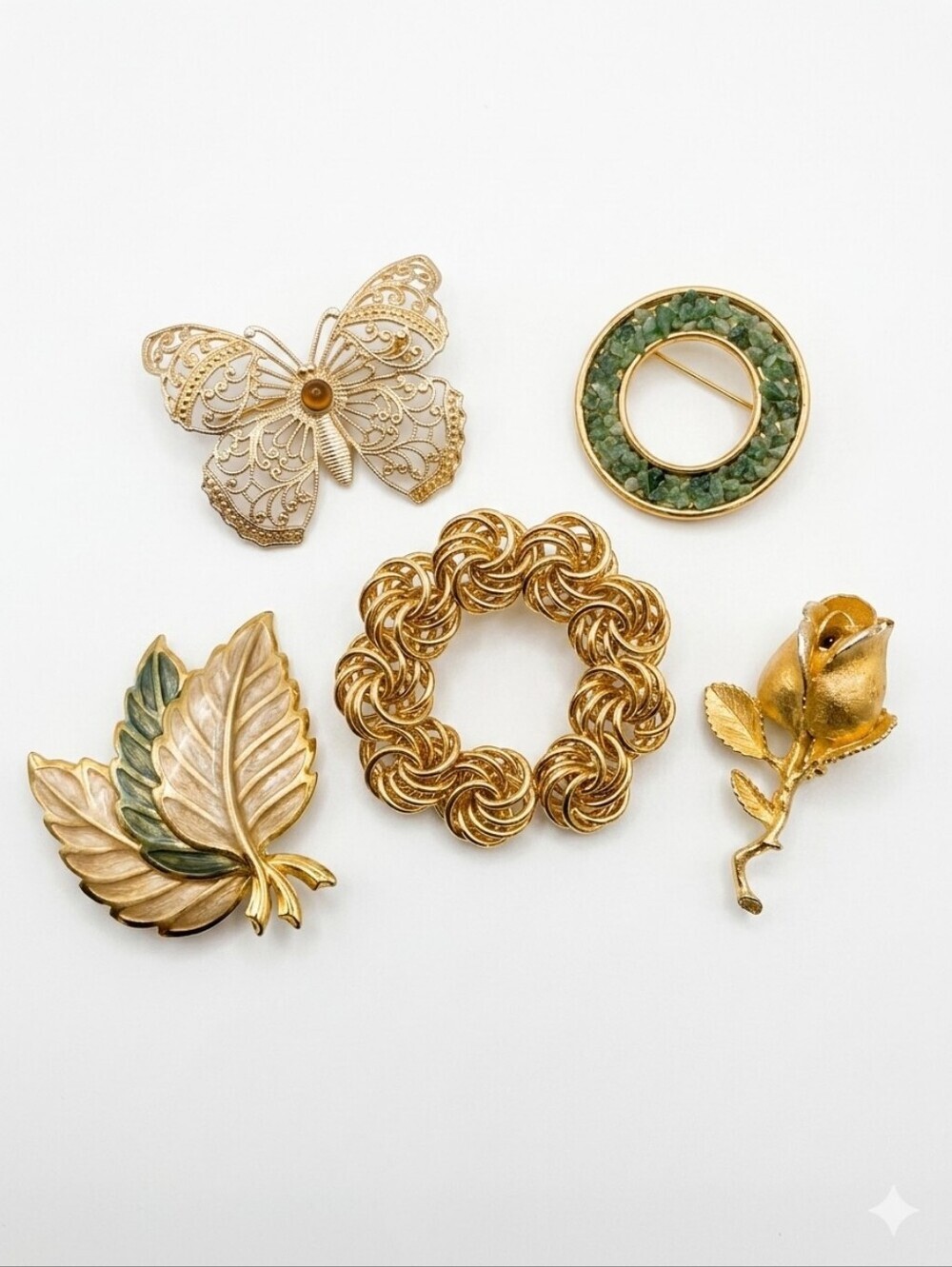 Vintage Brooch Pin Lot 5pc Gold Green Enamel Butterfly Rose Leaf Wreath Jewelry